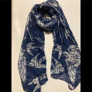 Gorgeous Swallow Print Long Scarf, Navy/White NEW